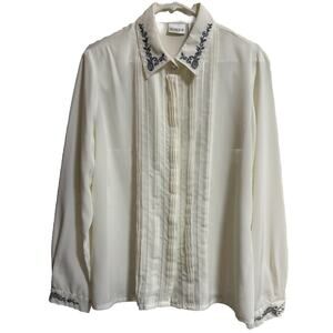 Vintage Koret Sz 14 Button Up Blouse Embroidered Floral Faux Pearls Cottage Core